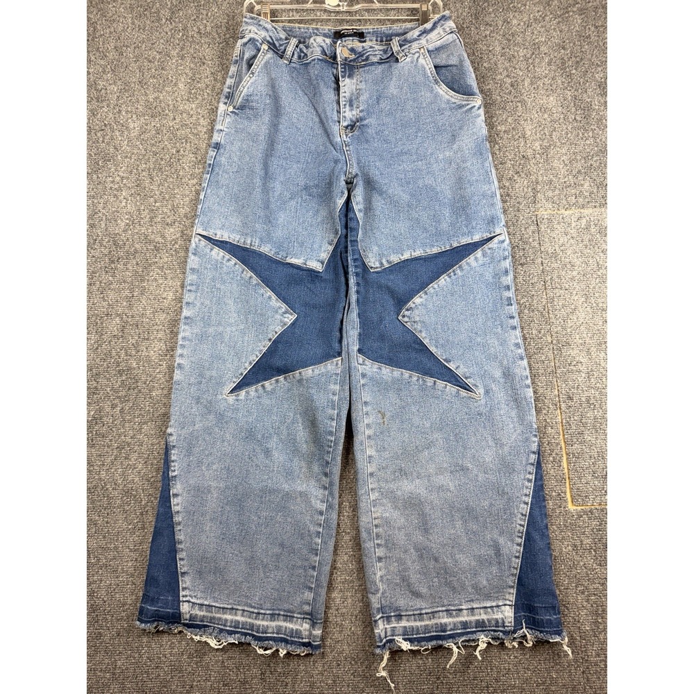 American‎ Bazi Super Wide Leg Women's L 28x28 Blue Star Patch Fringe Jeans Y2K